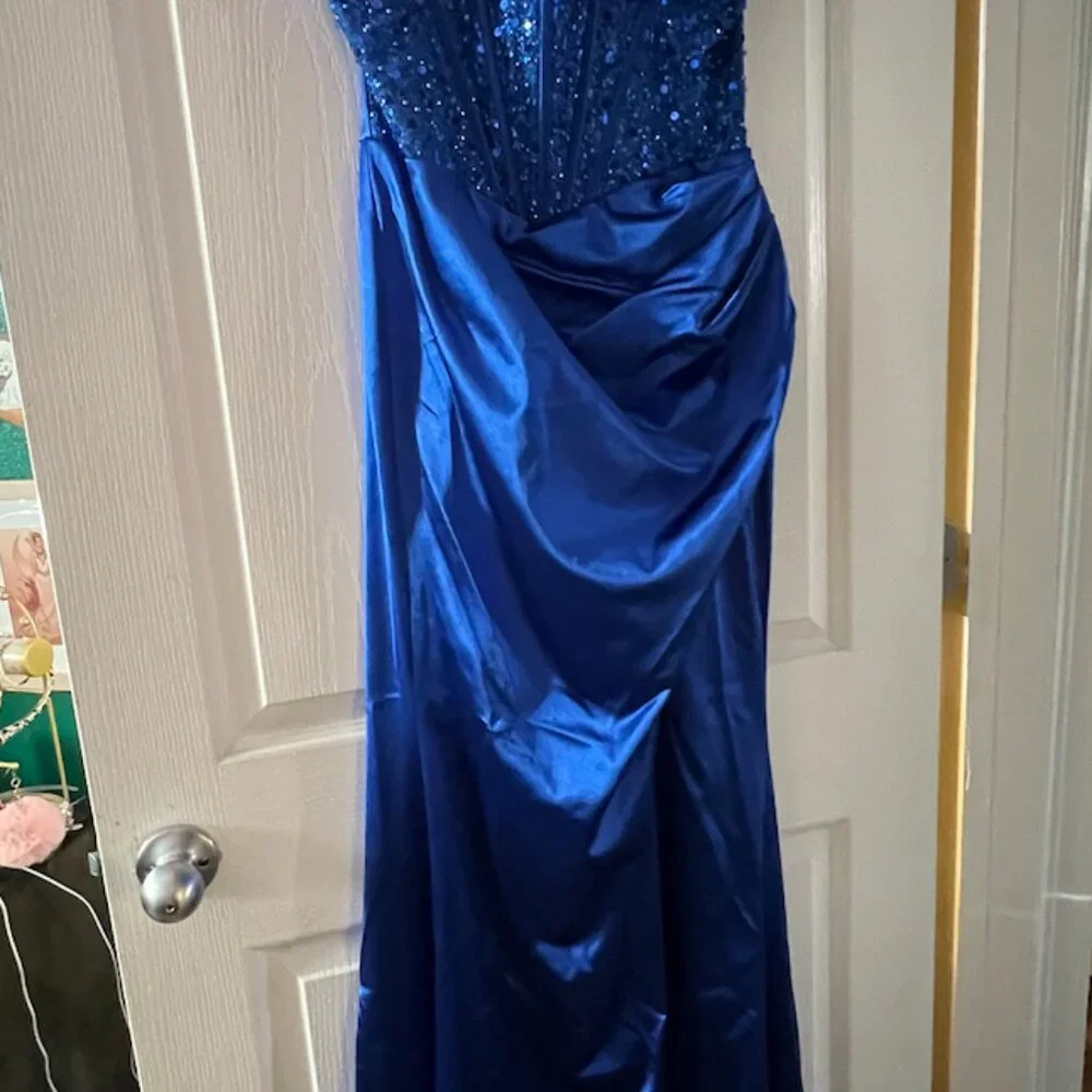 Portia & Scarlett Cobalt Blue Halter Gown - Picture 2 of 5